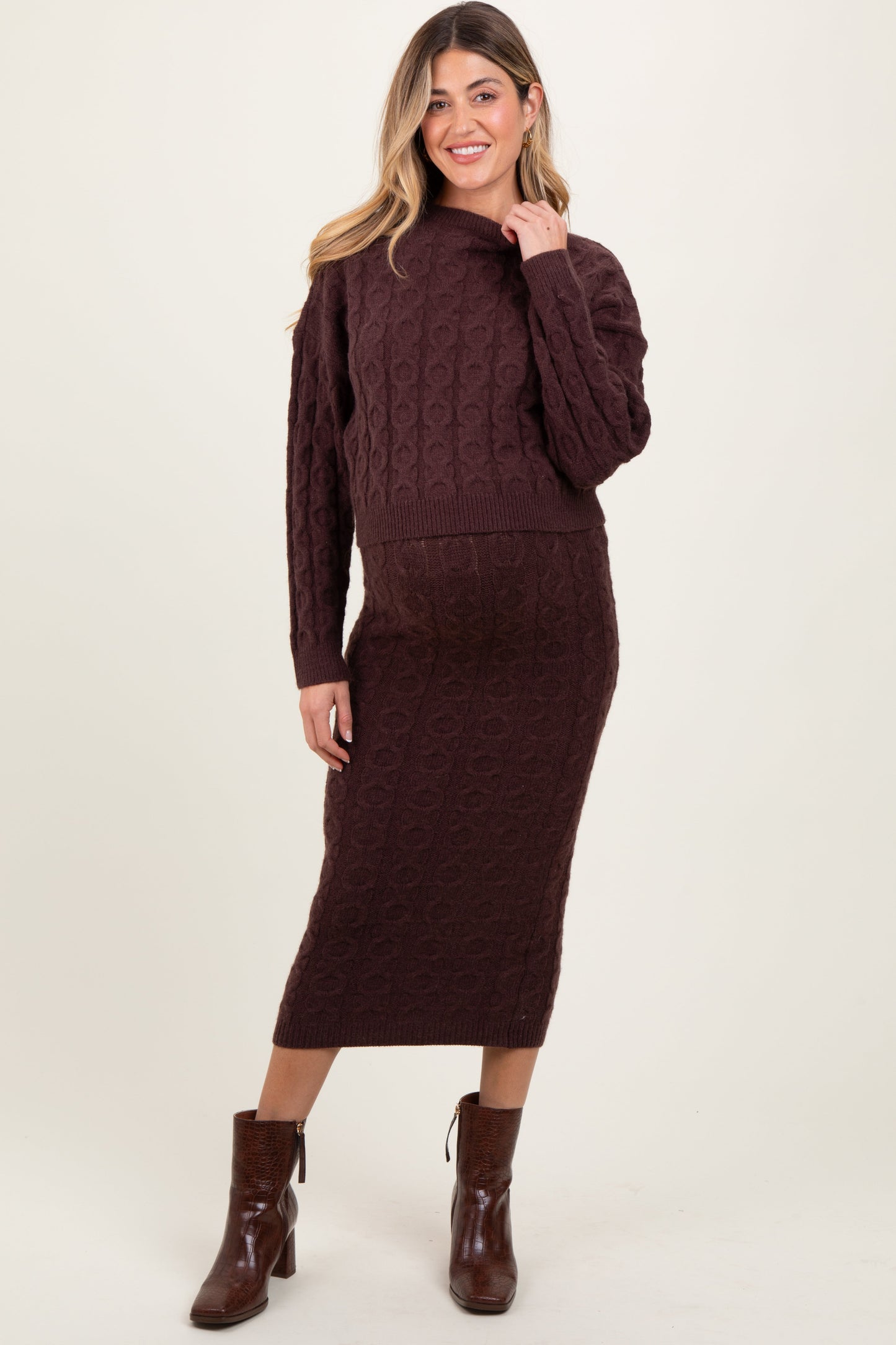 Three Little Tots Brown Cable Knit Cropped Sweater Midi Skirt Maternity Set, additional product photo