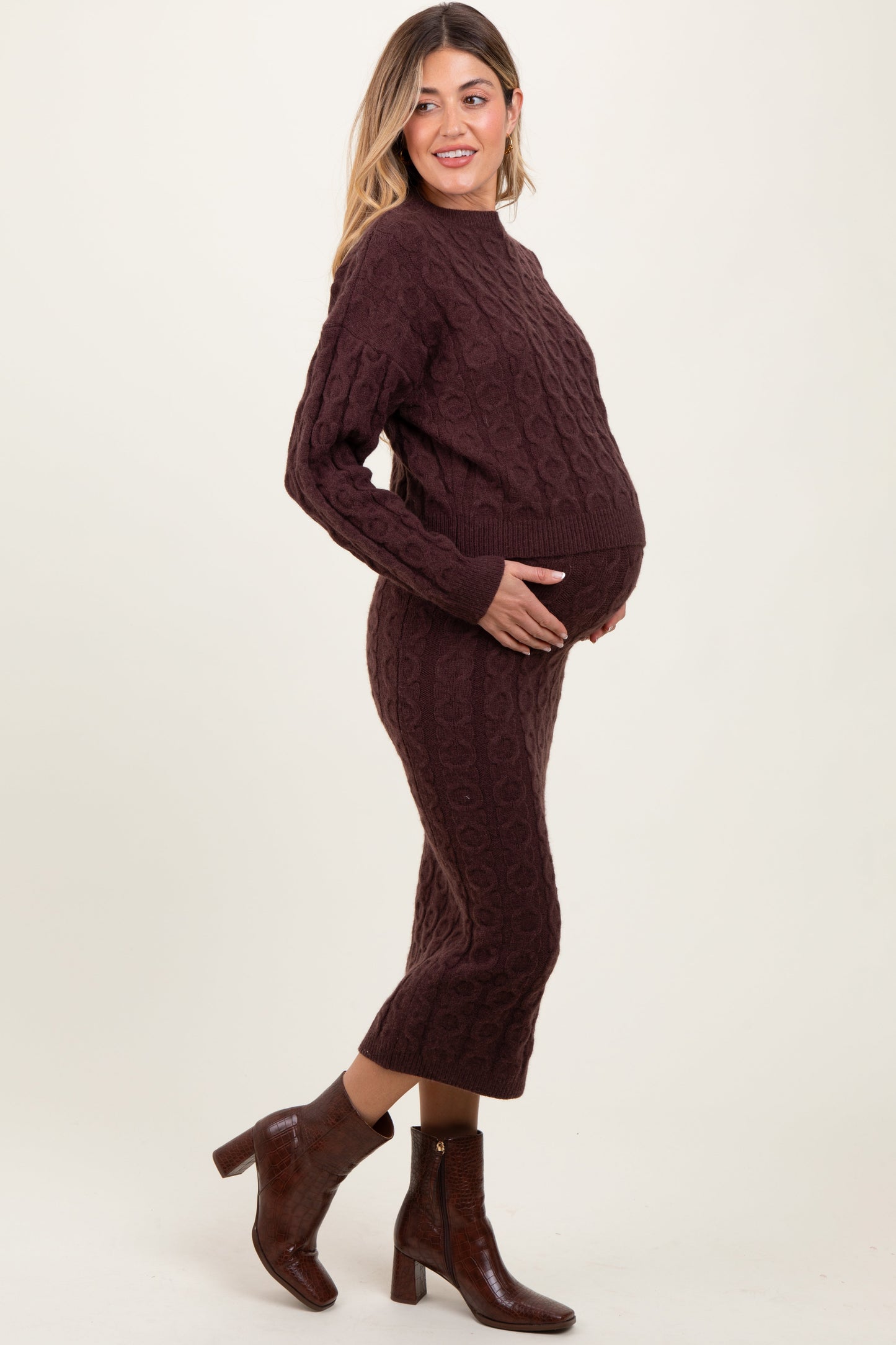 Three Little Tots Brown Cable Knit Cropped Sweater Midi Skirt Maternity Set, alternate angle
