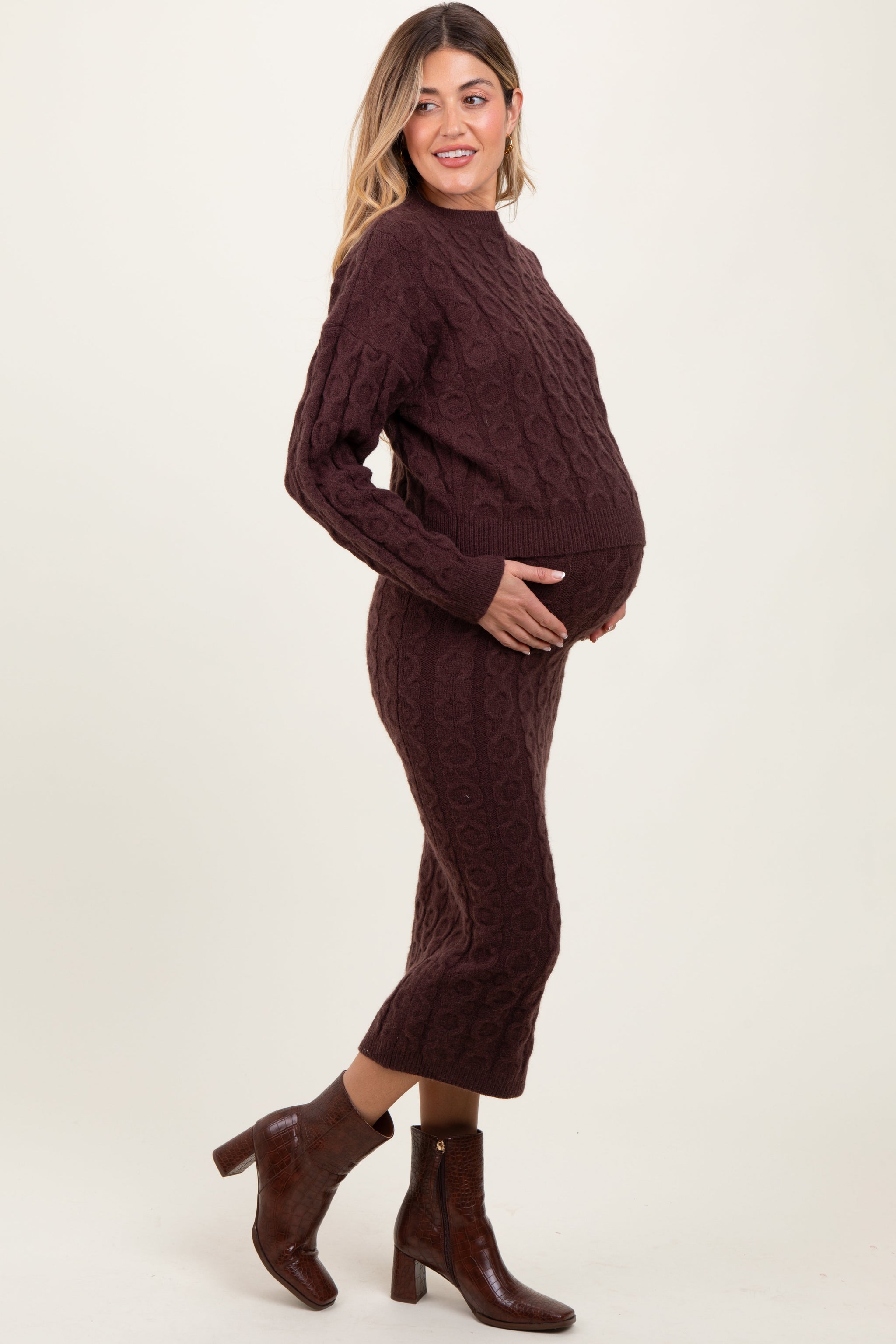 Three Little Tots Brown Cable Knit Cropped Sweater Midi Skirt Maternity Set, alternate angle