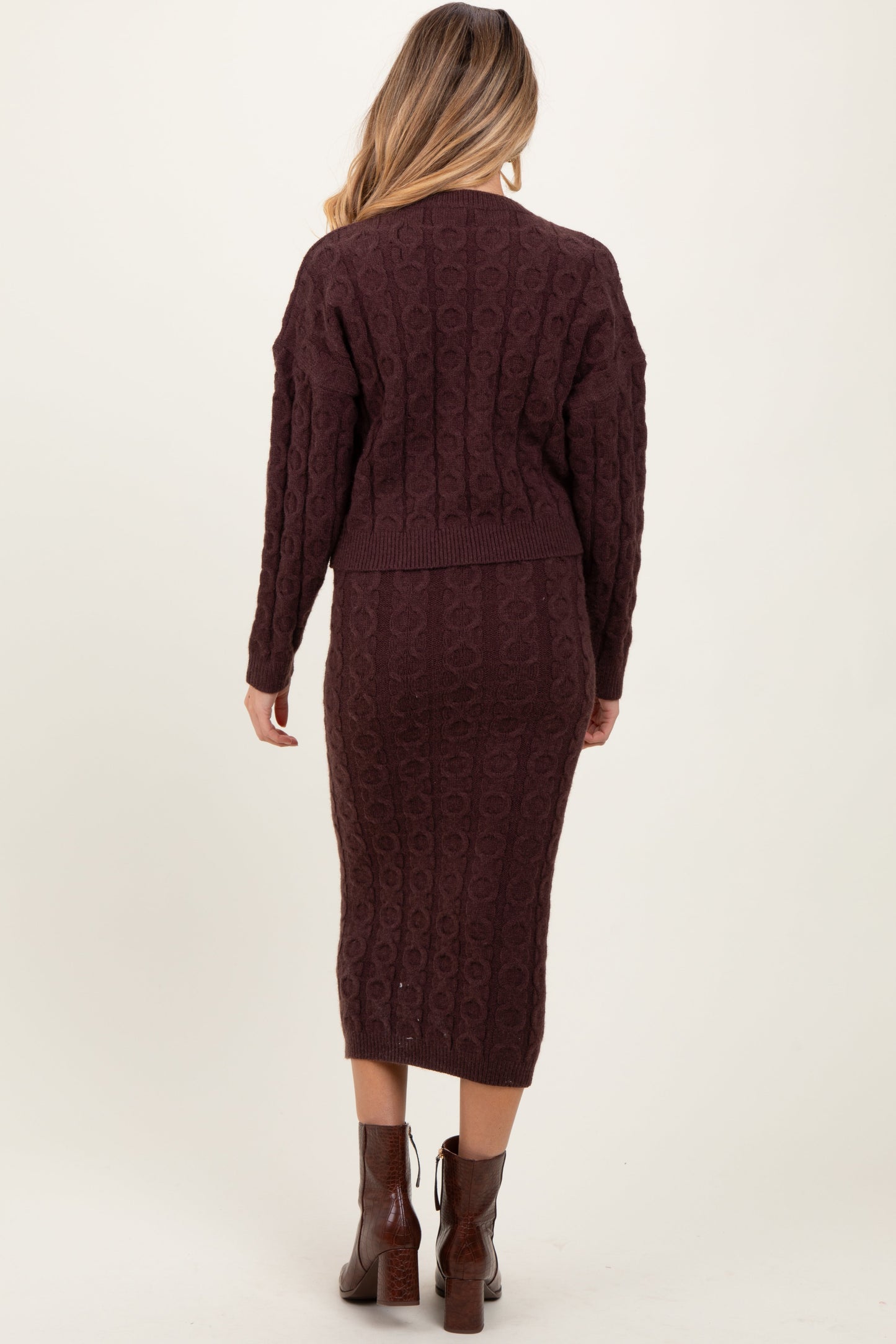 Three Little Tots Brown Cable Knit Cropped Sweater Midi Skirt Maternity Set, additional view