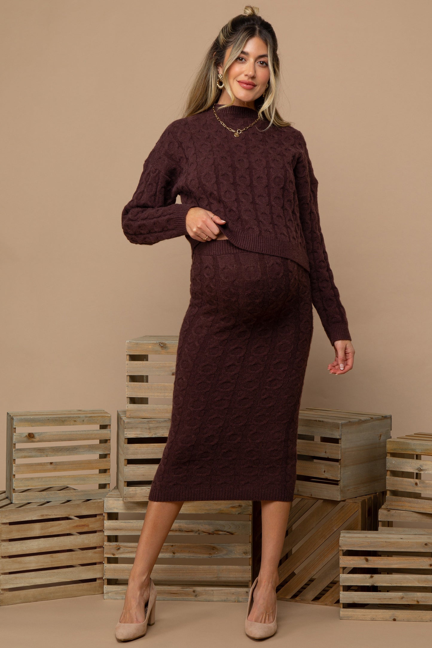 Three Little Tots Brown Cable Knit Cropped Sweater Midi Skirt Maternity Set