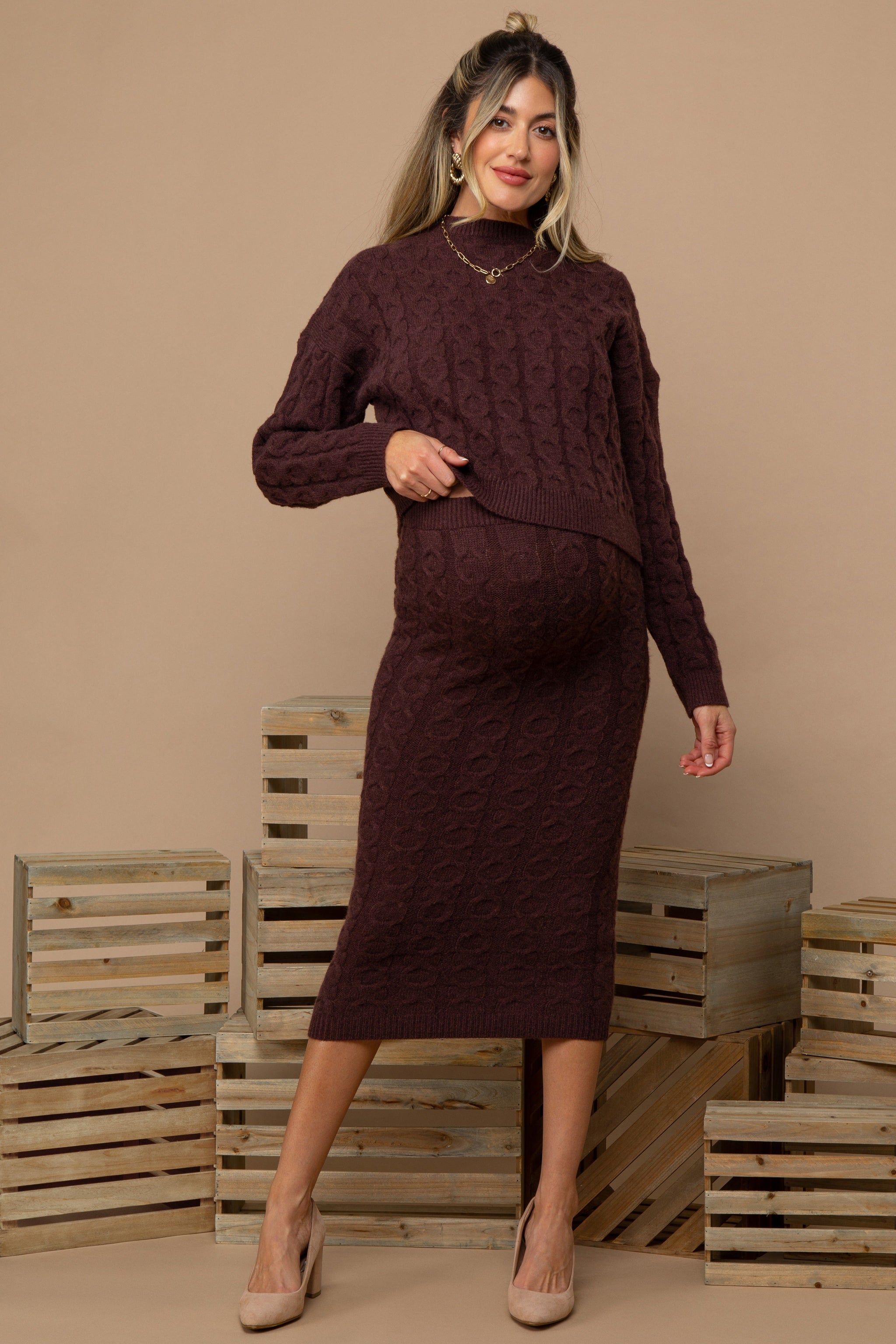 Three Little Tots Brown Cable Knit Cropped Sweater Midi Skirt Maternity Set