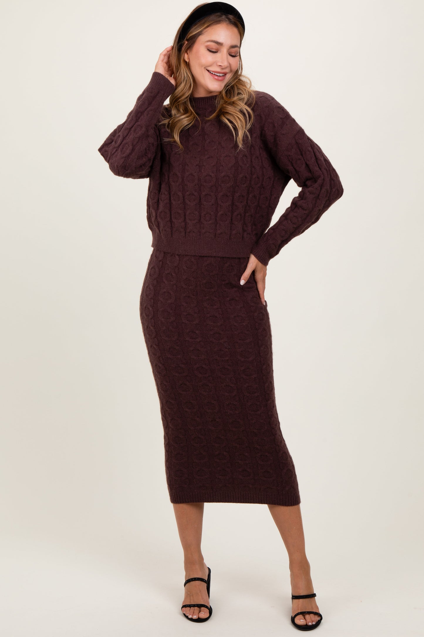 Three Little Tots Brown Cable Knit Cropped Sweater Midi Skirt Maternity Set, extra product detail