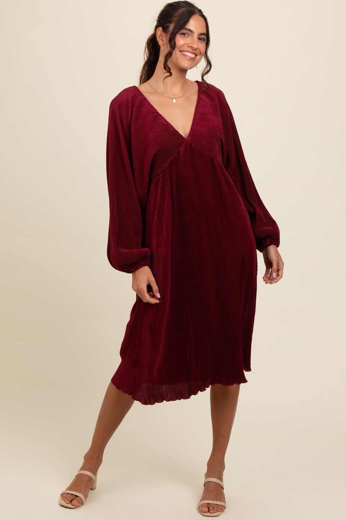 Three Little Tots Burgundy Pleated Deep V-Neck Maternity Midi Dress, extra product detail