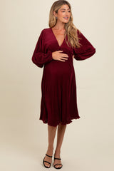 Three Little Tots Burgundy Pleated Deep V-Neck Maternity Midi Dress