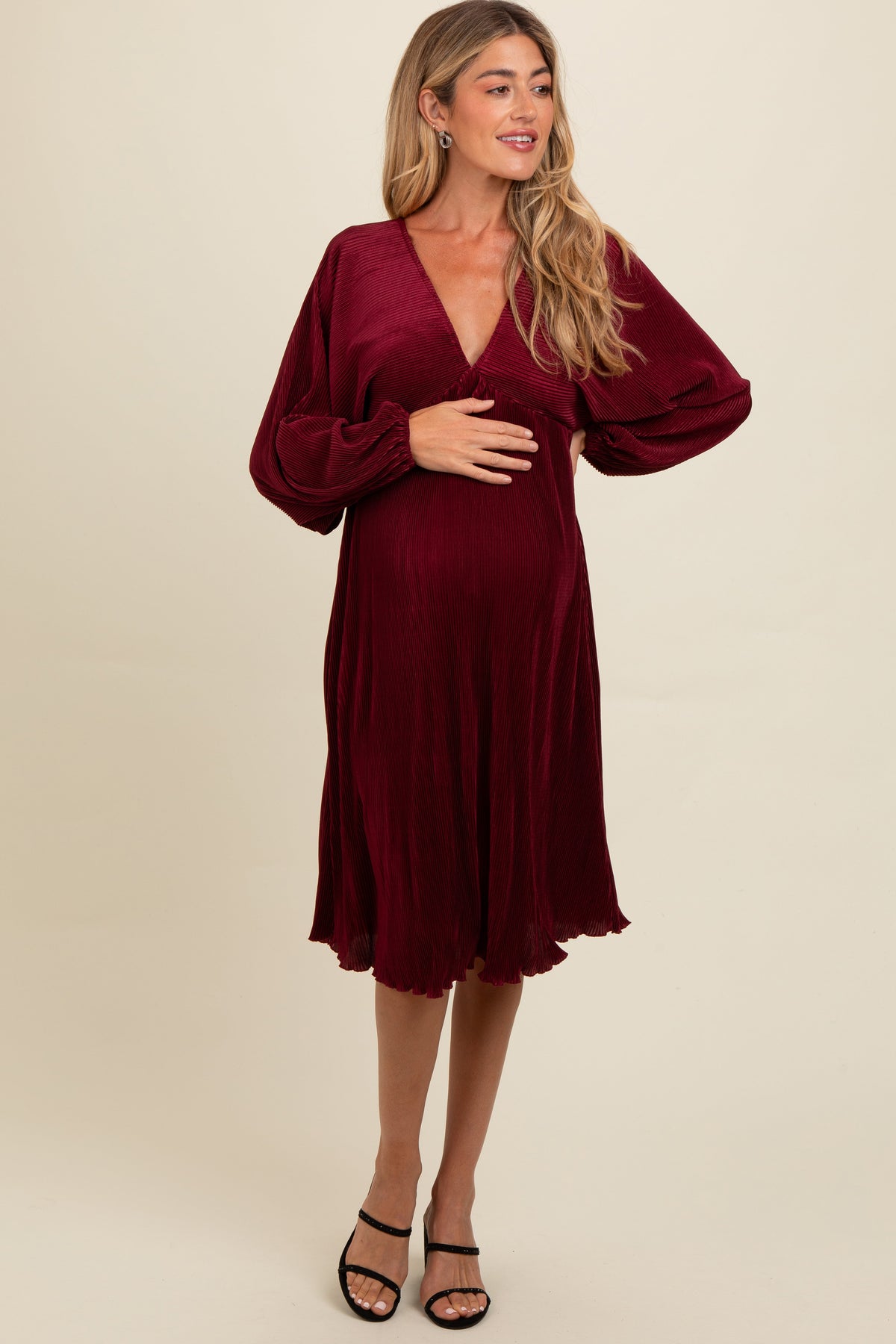 Three Little Tots Burgundy Pleated Deep V-Neck Maternity Midi Dress