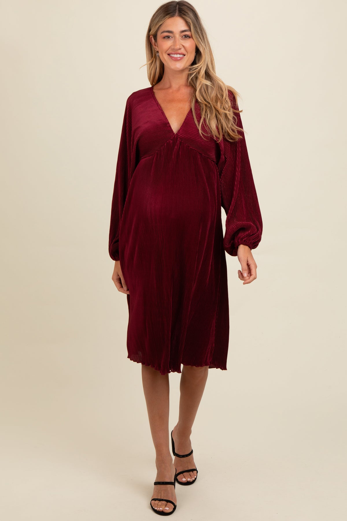 Three Little Tots Burgundy Pleated Deep V-Neck Maternity Midi Dress, additional product photo
