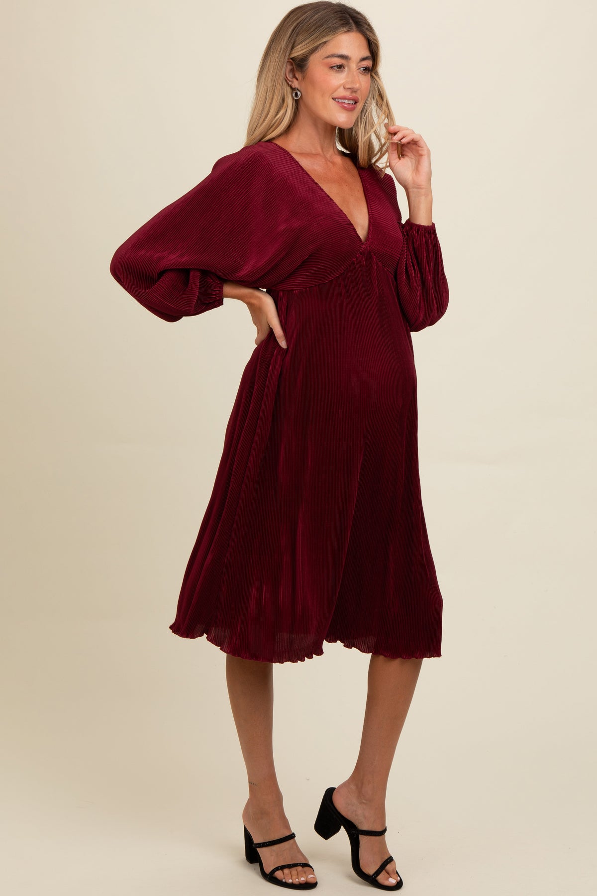 Three Little Tots Burgundy Pleated Deep V-Neck Maternity Midi Dress, alternate angle