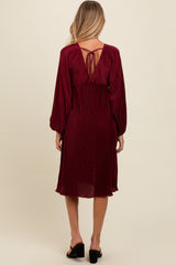 Three Little Tots Burgundy Pleated Deep V-Neck Maternity Midi Dress, additional view