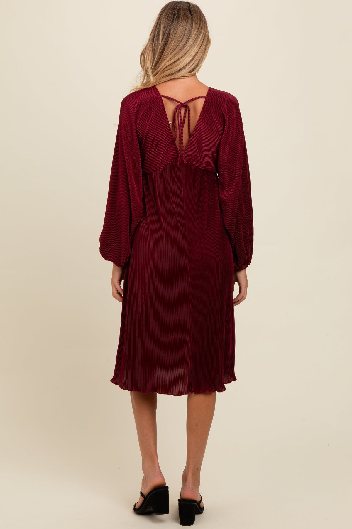 Three Little Tots Burgundy Pleated Deep V-Neck Maternity Midi Dress, additional view