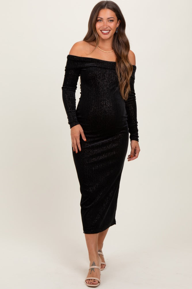 Three Little Tots Black Shiny Velour Off Shoulder Maternity Midi Dress