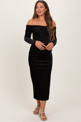 Three Little Tots Black Shiny Velour Off Shoulder Maternity Midi Dress, additional product photo