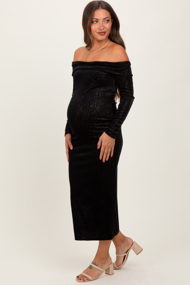 Three Little Tots Black Shiny Velour Off Shoulder Maternity Midi Dress, alternate angle