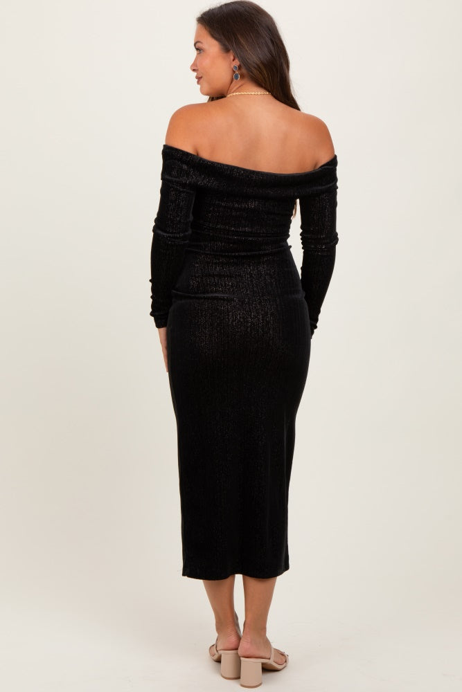 Three Little Tots Black Shiny Velour Off Shoulder Maternity Midi Dress, additional view