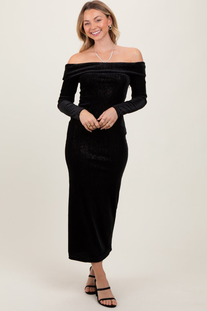Three Little Tots Black Shiny Velour Off Shoulder Maternity Midi Dress, supplementary photo