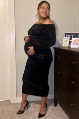 Three Little Tots Black Shiny Velour Off Shoulder Maternity Midi Dress, extra product detail