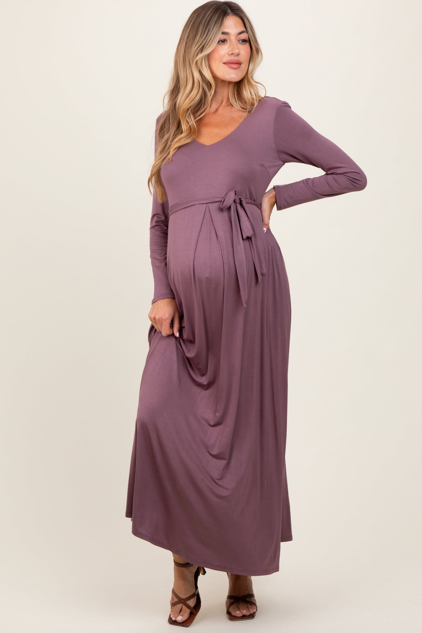 Three Little Tots Mauve V-Neck Long Sleeve Sash Tie Maternity Maxi Dress, additional product photo