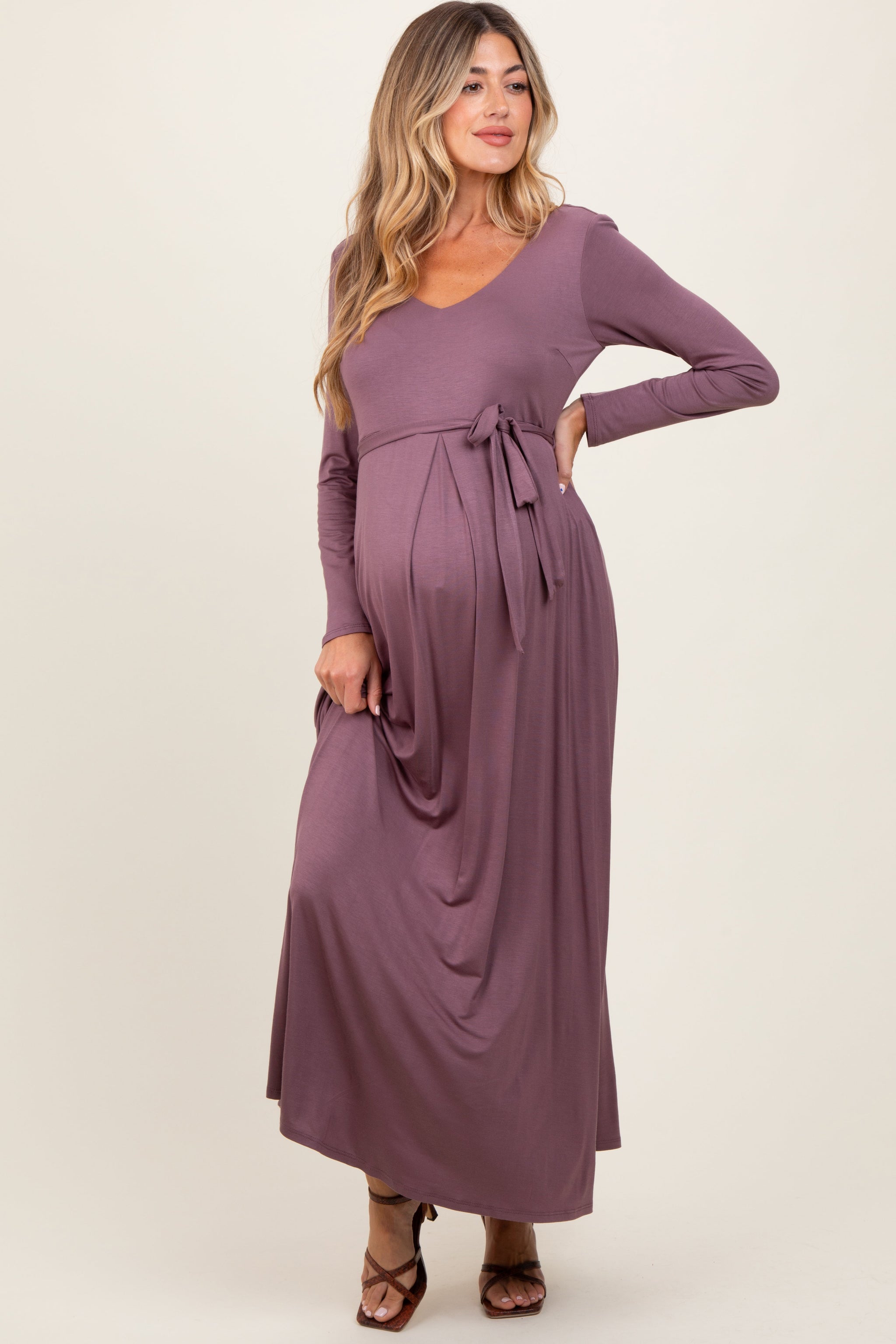 Three Little Tots Mauve V-Neck Long Sleeve Sash Tie Maternity Maxi Dress, additional product photo