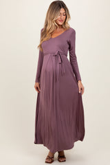 Three Little Tots Mauve V-Neck Long Sleeve Sash Tie Maternity Maxi Dress