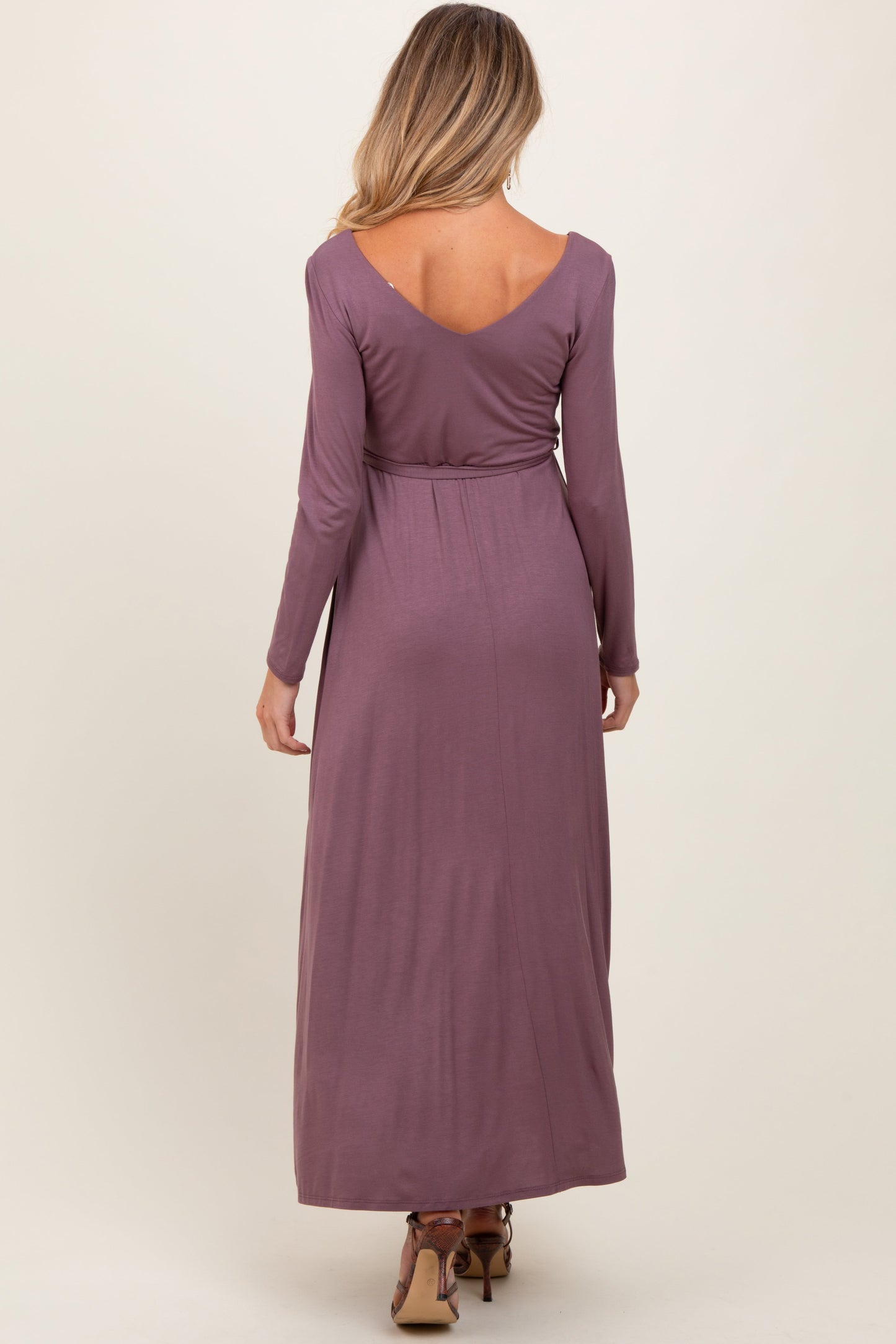Three Little Tots Mauve V-Neck Long Sleeve Sash Tie Maternity Maxi Dress, alternate angle