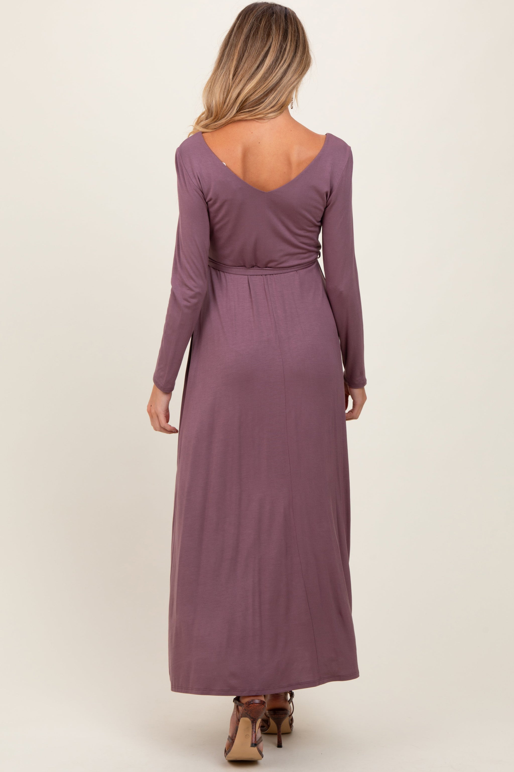 Three Little Tots Mauve V-Neck Long Sleeve Sash Tie Maternity Maxi Dress, alternate angle