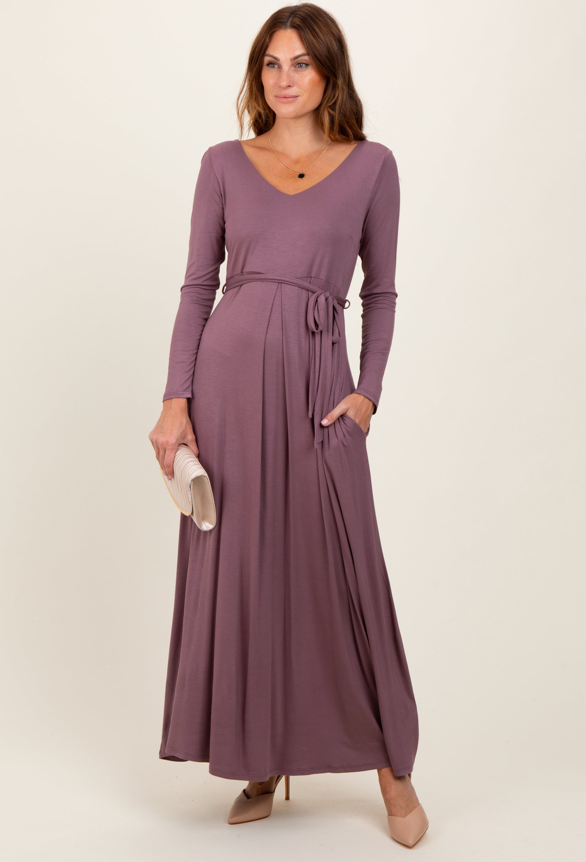 Three Little Tots Mauve V-Neck Long Sleeve Sash Tie Maternity Maxi Dress, additional view