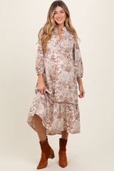 Three Little Tots Brown Printed Split Ruffle Collar Maternity Midi Dress