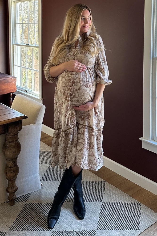 Three Little Tots Brown Printed Split Ruffle Collar Maternity Midi Dress, supplementary photo