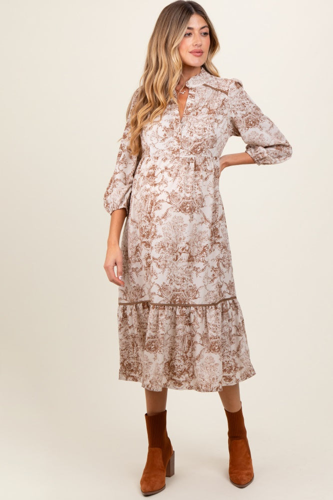 Three Little Tots Brown Printed Split Ruffle Collar Maternity Midi Dress, additional product photo