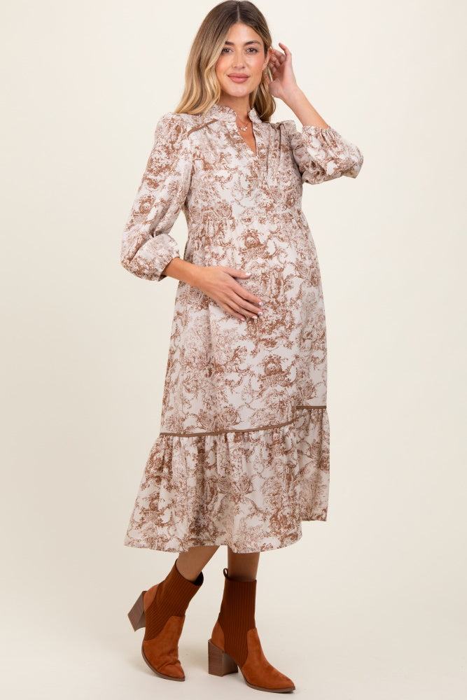 Three Little Tots Brown Printed Split Ruffle Collar Maternity Midi Dress, alternate angle