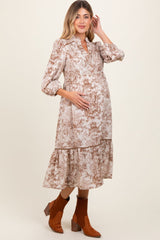 Three Little Tots Brown Printed Split Ruffle Collar Maternity Midi Dress, alternate angle