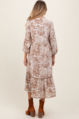 Three Little Tots Brown Printed Split Ruffle Collar Maternity Midi Dress, additional view