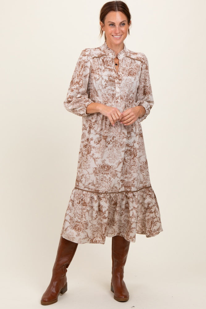 Three Little Tots Brown Printed Split Ruffle Collar Maternity Midi Dress, another angle