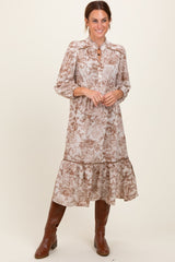 Three Little Tots Brown Printed Split Ruffle Collar Maternity Midi Dress, another angle