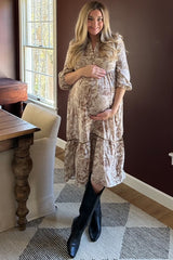 Three Little Tots Brown Printed Split Ruffle Collar Maternity Midi Dress, extra product detail