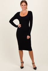 Three Little Tots Black Bow Trim Neckline Long Sleeve Maternity Midi Dress, additional view