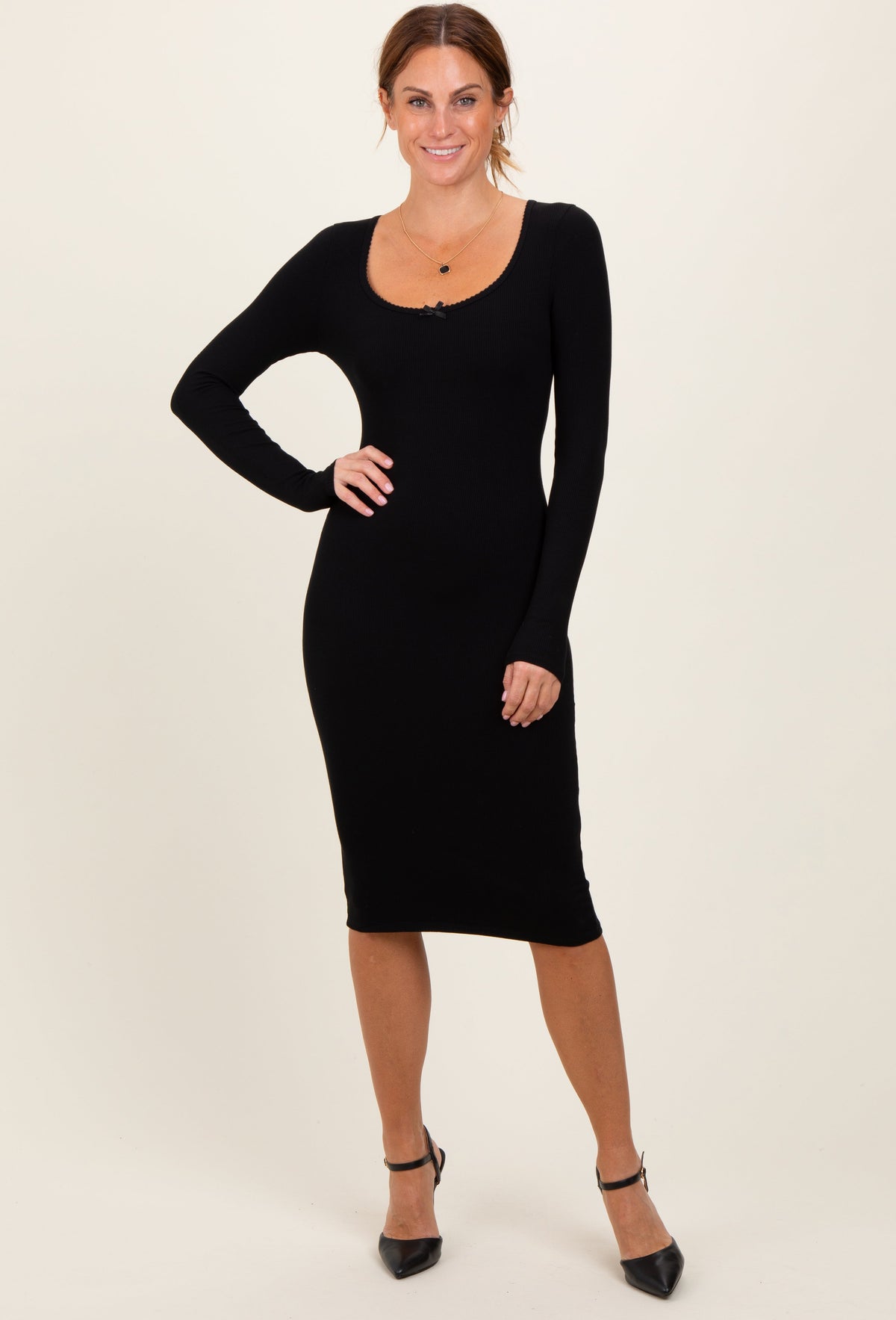 Three Little Tots Black Bow Trim Neckline Long Sleeve Maternity Midi Dress, additional view