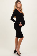 Three Little Tots Black Bow Trim Neckline Long Sleeve Maternity Midi Dress, additional product photo