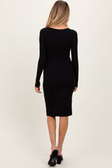 Three Little Tots Black Bow Trim Neckline Long Sleeve Maternity Midi Dress, alternate angle
