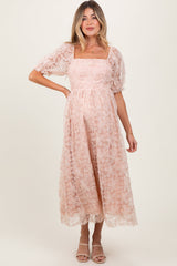Light Pink Floral Mesh Overlay Tie Back Maternity Midi Dress