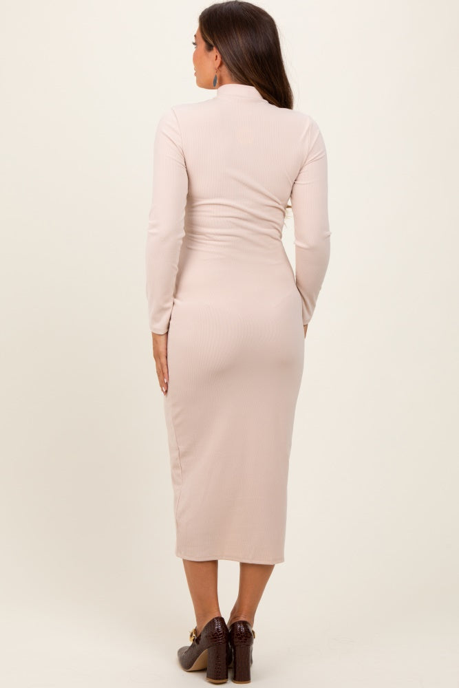 Three Little Tots Cream Basic Mock Long Sleeve Maternity Maxi Dress, additional product photo