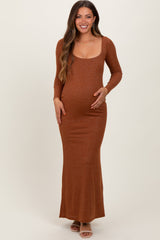 Three Little Tots Mocha Basic Square Neck Long Sleeve Maternity Maxi Dress