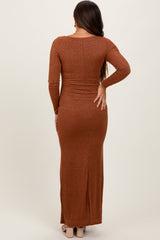 Three Little Tots Mocha Basic Square Neck Long Sleeve Maternity Maxi Dress, alternate angle