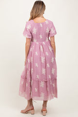 Mauve Floral Print Ruffle Hem Maternity Midi Dress