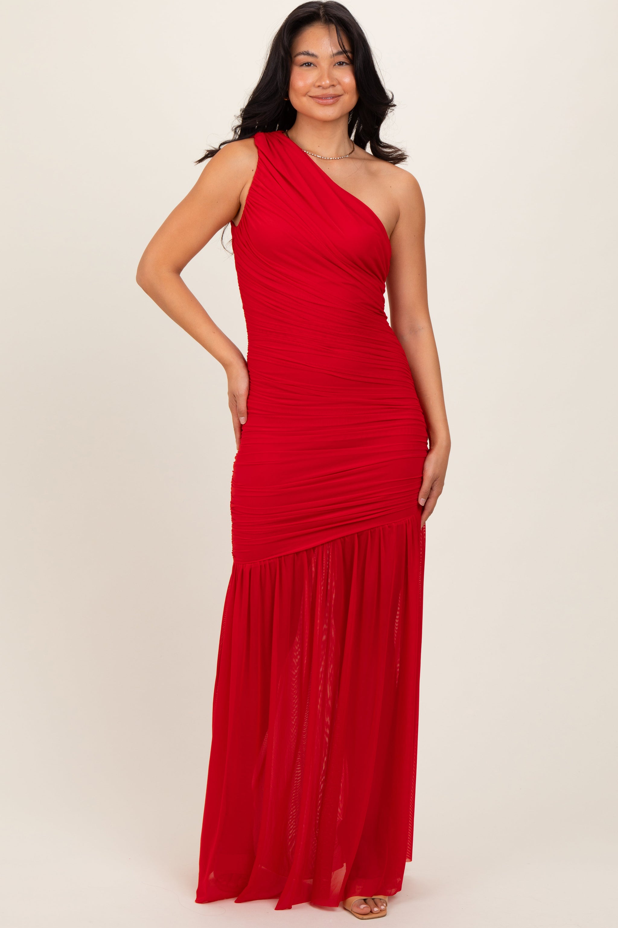 Three Little Tots Red Ruched Mesh One Shoulder Maternity Maxi Dress, supplementary photo