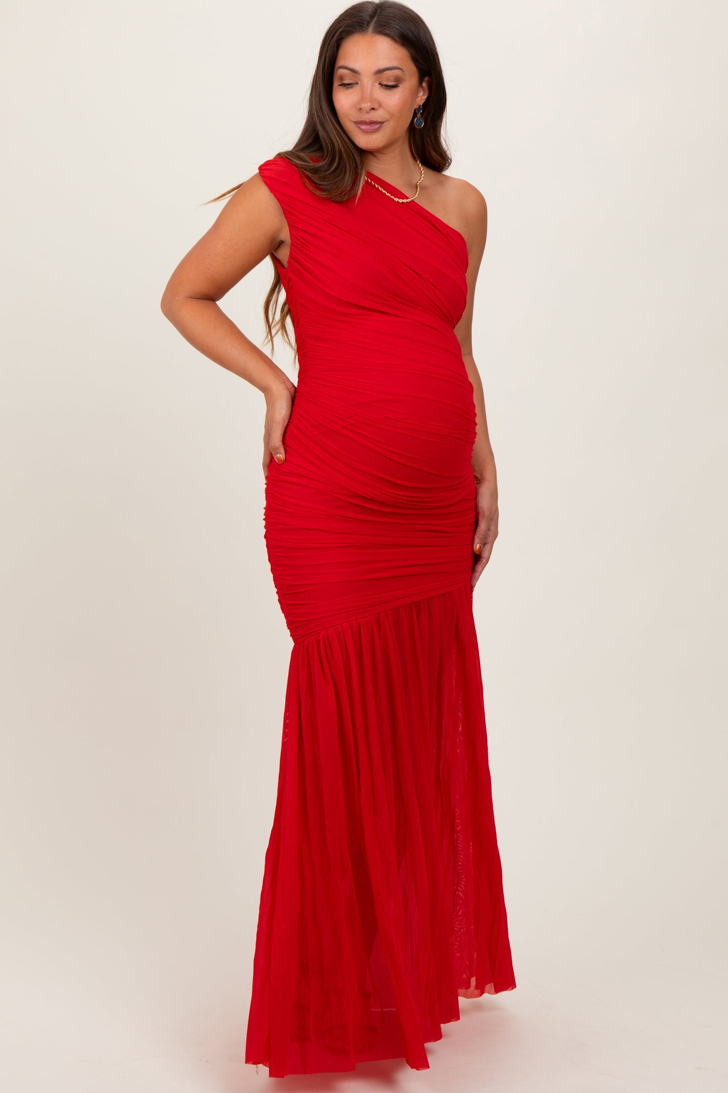 Three Little Tots Red Ruched Mesh One Shoulder Maternity Maxi Dress, alternate angle