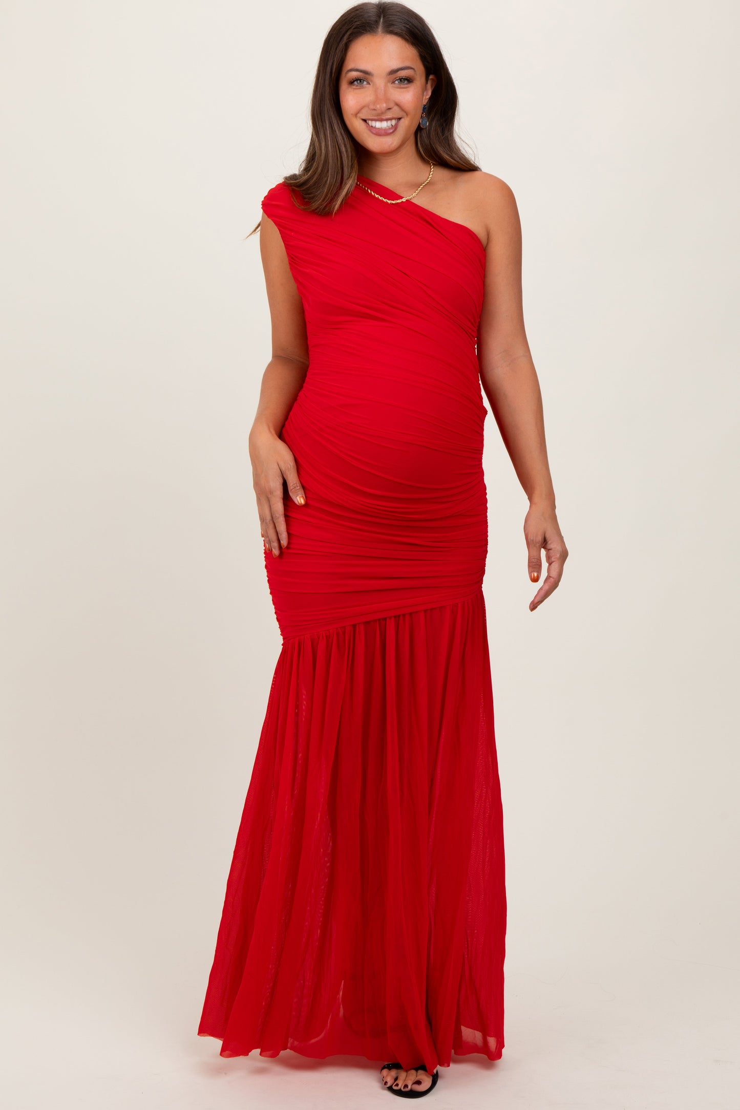 Three Little Tots Red Ruched Mesh One Shoulder Maternity Maxi Dress, additional product photo