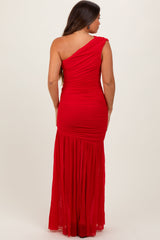 Three Little Tots Red Ruched Mesh One Shoulder Maternity Maxi Dress, extra product detail