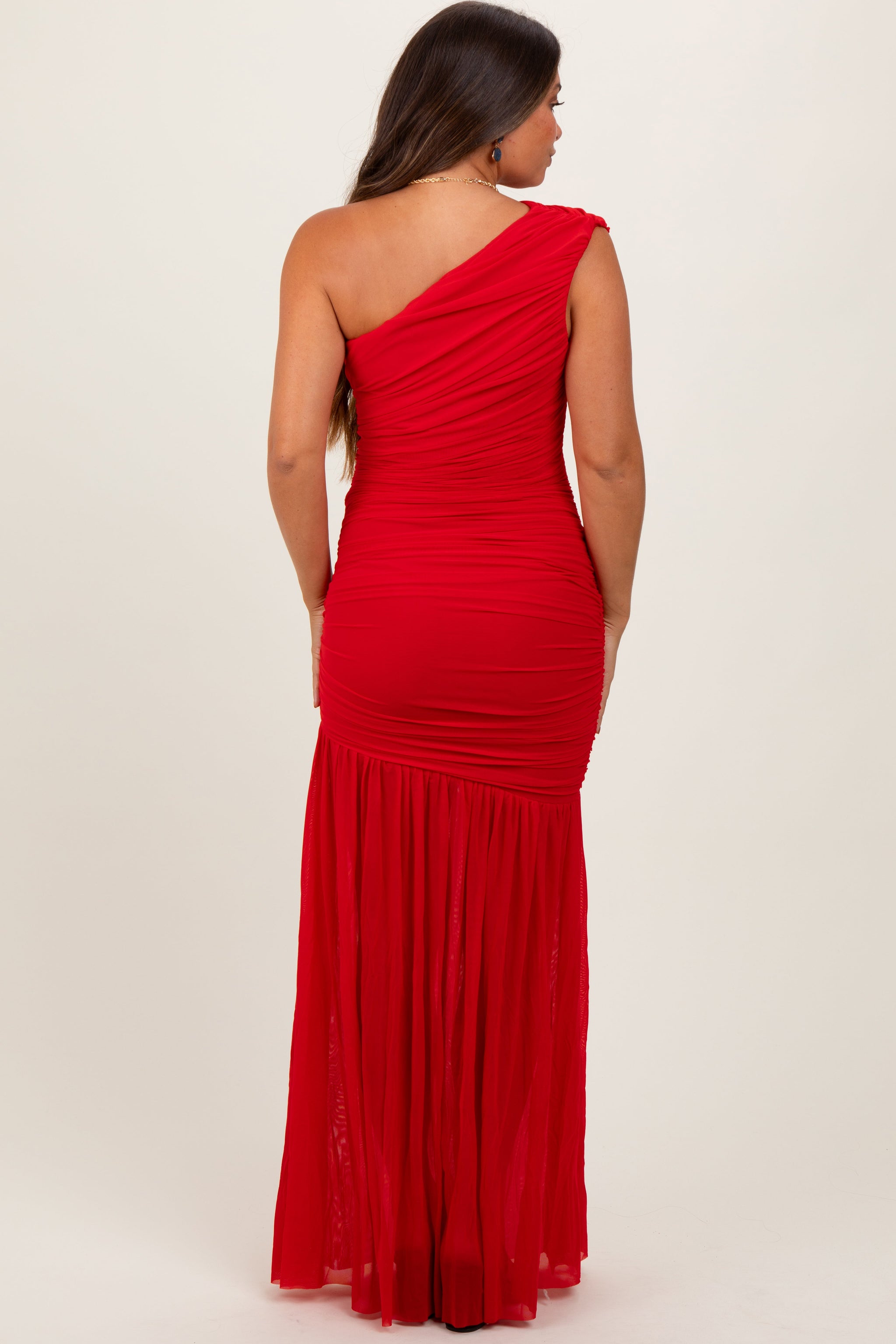 Three Little Tots Red Ruched Mesh One Shoulder Maternity Maxi Dress, extra product detail