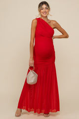 Three Little Tots Red Ruched Mesh One Shoulder Maternity Maxi Dress